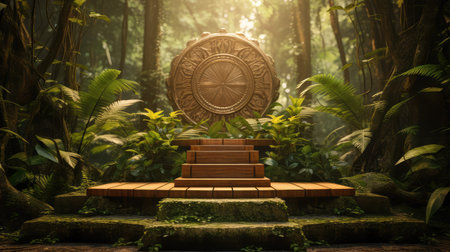 stone podium, tabletop with natural tropical forest background. stage layout for product demonstration, beauty cosmeticsの素材