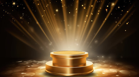 Golden podium on a dark background. Empty pedestal for the award ceremony. Platform illuminated by spotlight for displaying product or cosmetics.の素材