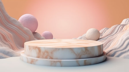 Delicate pink marble podium, pedestal among rocks and stones for displaying your product, perfume or cosmetics.の素材