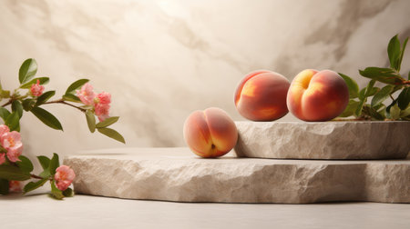 Beige stone podium with fresh peach fruit for displaying a product, skin care product or perfumeの素材