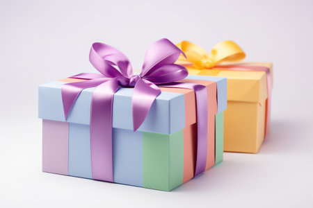 Two gift multi-colored boxes with bright ribbons and bows on a white backgroundの素材
