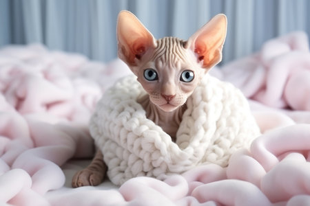 small hairless Sphynx kitten, wrapped in a warm white woolen scarf, lies on a bed in a bright bedroom and looks at the camera with big eyesの素材