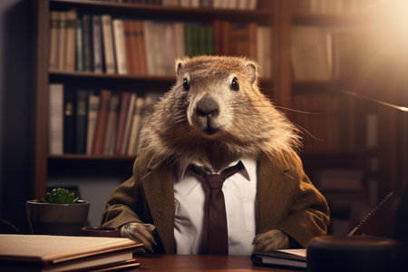 Marmot businessman in a jacket and tie, business style, stands at a table in the office. Groundhog Dayの素材