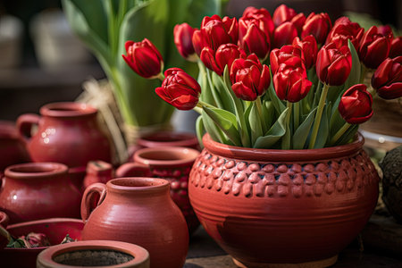 Beautiful spring flowers, red tulips in a clay pot. Symbol of love. Valentine's Day, March 8, Women's Day greeting conceptの素材