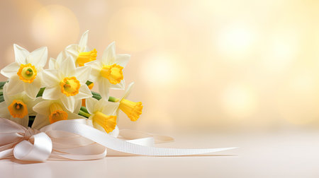 Spring bouquet of yellow daffodils tied with a ribbon on a blurred light background with space for text. Greeting card, banner.の素材