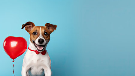 funny Jack Russell terrier dog with a red bow holds a heart-shaped balloon. Blue background with space for text.の素材