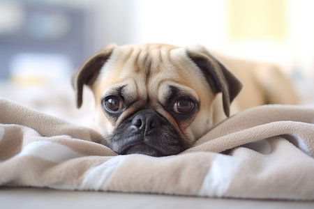 Portrait of a small pug puppy with big eyes looking at the camera, lying on a bed on a white sheet in the modern bedroom.の素材