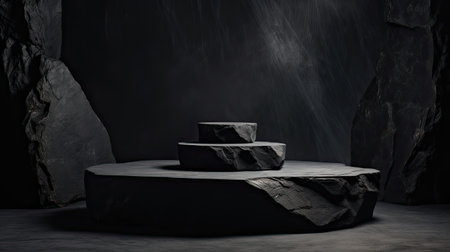 Black geometric background in stone and rock shape, minimalist layout for podium or showcase, for product or cosmetics display.の素材