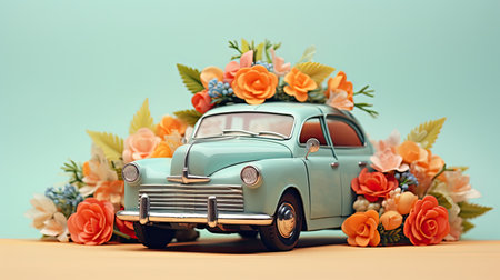 retro toy car delivering a bouquet of flowers on a pastel background. Postcard valentines day, Valentine's Day. Flower delivery. March 8, International Women's Day and Mothers dayの素材
