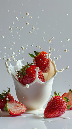Juicy fresh red ripe strawberries flying with splashes of milk or yogurt. Levitating fruit conceptの素材