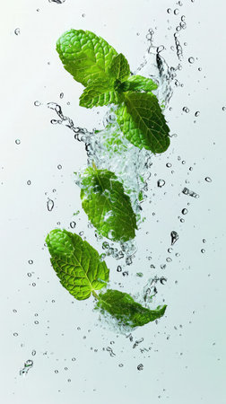 Green fresh mint leaves flying, levitating in splashes of water. Freshness and aroma of herbs.の素材