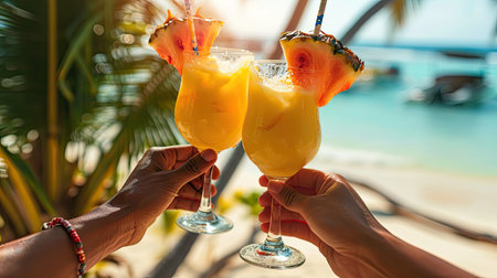 two hands greet each other, clicking and touching with tropical pina colada cocktails. Friends toasts, congratulations. Travel, vacation and vacation concept.の素材