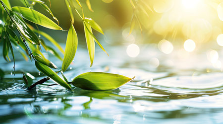 green fresh bamboo leaf on light blue transparent water wave in sunlight. Banner with copy space.の素材