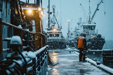 documentary footage of fishing boats in a Scandinavian winter port. Fishermen at work, loading, unloading cargo, detailed, industrial photography.の素材