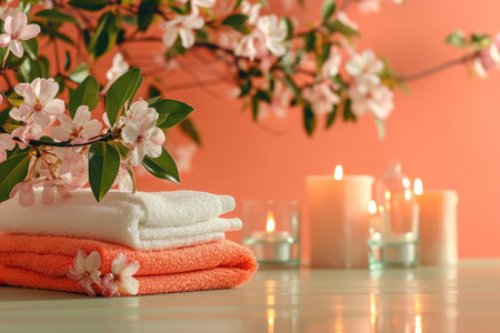 Stack of Towels with scented candles for aromatherapy and sakura flowers for relaxation, beauty, massage. Spa or resort conceptの素材
