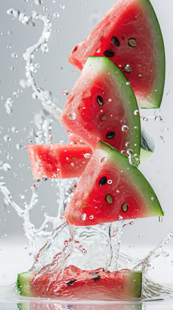 Ripe juicy pieces of watermelon in a splash of water. Freshness, quenching thirst on a hot day. Levitating fruits and berries.の素材
