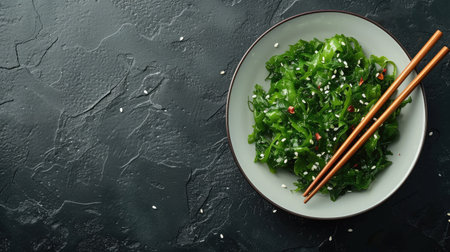 Top view of green seaweed and sesame seeds salad with chopsticks. Superfood. Japanese traditional food. Banner with space for textの素材