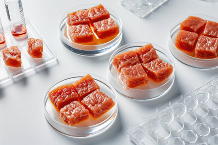 Laboratory for growing artificial synthetic meat. Laboratory meat samples with laboratory supplies lie on the table.の素材