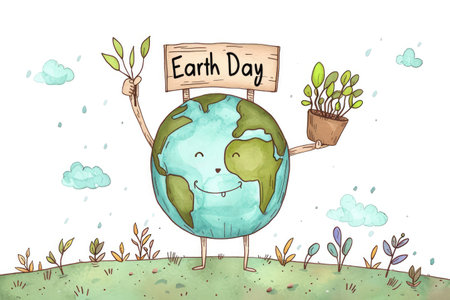 Earth Day. Congratulations on World Environment Day. Illustration of a cartoon globe with the text "Earth Day". Eco-friendly concept to save the Earthの素材