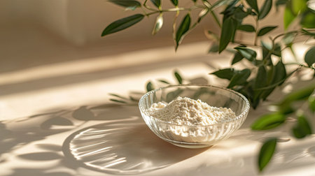 Collagen powder supplement in a glass transparent bowl on a beige background with a green plant. Healthy eating and lifestyle concept. A necessary supplement for the beauty and youth of the body.の素材