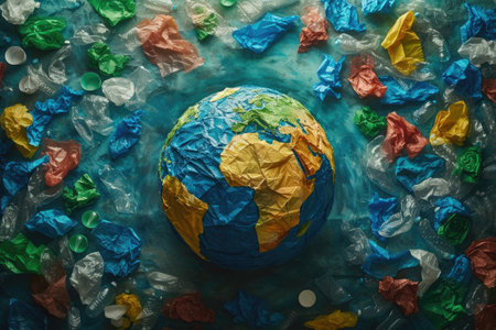 Planet Earth is completely covered in plastic waste. Ecological problem of environmental pollution. The need to recycle waste and switch to environmentally friendly biodegradable materials.の素材