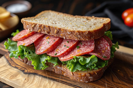 Sandwich consisting of two pieces of bread, mortadella sausage and green lettuce. Traditional Italian food, snack, fast food.の素材