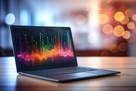 Laptop or computer with a diagram on a blurred office background. Business investment and financial concept for growth and successの素材