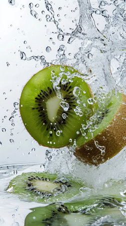 Two levitating juicy halves of green qui fly with splashes of water. Fruit saturated with Vitamin C, E and antioxidants.の素材