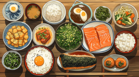 top view of variety of traditional japanese food in anime styleの素材