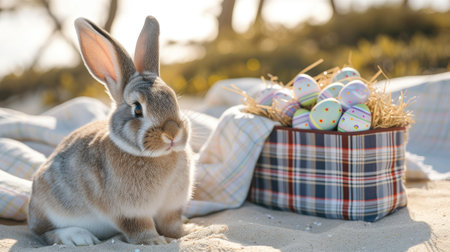 Cute pet bunny sitting on a blanket on a sandy beach nearby in a basket filled to the brim with Easter eggs.の素材