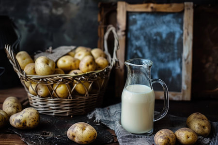 decanter of potato milk and fresh potatoes in a basket. Board for description or recipe. Dark background. Alternative vegan drink.の素材