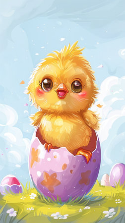 Cute little chick crawling out of a painted Easter egg. Vertical colorful illustration of Happy Easter!の素材