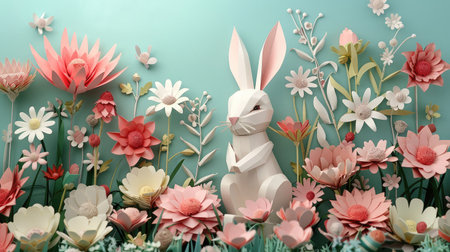 3D paper image of a rabbit in a bright floral landscape. Design for spring, Easter and childrens themesの素材