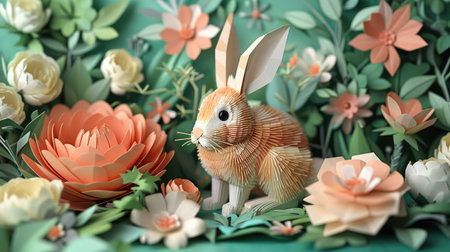 paper image, origami bunny in a floral landscape. Postcard on spring, Easter and childrens themes.の素材