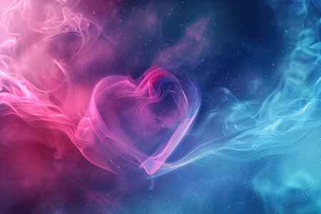 Abstract background of colored smoke in the shape of a heart in pink and blue tones.の素材