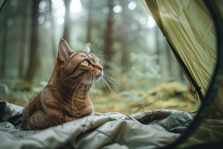 Domestic cat resting in a tent at a campsite in the forest. An animal looks out through the tent entrance looking at the trees in the forestの素材