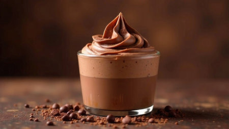 glass of rich chocolate mousse topped with swirls of creamy chocolate icing on a rustic brown background. Perfect for a dessert menu, holiday party, or cafe or confectionery shop.の素材