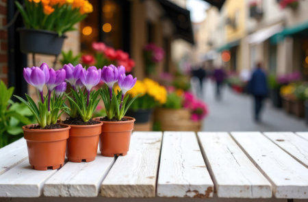 Purple crocuses in pots on white wooden table with colorful blurred street market in the background. Flower shop, spring, gardening and small business.の素材