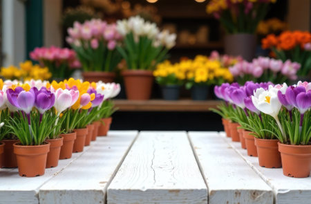 Purple, white, yellow spring flowers crocuses in pots on white wooden table with blurred city street in the background. Flower shop, spring, gardening and small business.の素材