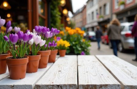 flower shop on spring street with pots of purple, white and yellow crocuses on wooden tabletop, place for installation and installation, seasonal background, card.の素材