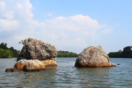Two large rocks emerge from the calm waters of a lake, surrounded by lush greenery and a bright blue sky with soft clouds. The peaceful scenery reflects the beauty of untouched natureの写真素材
