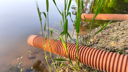 Corrugated drainage pipes lead down into a calm pond from a sandy, eroded bank surrounded by sparse vegetation. Pollution, wastewater dischargeの写真素材