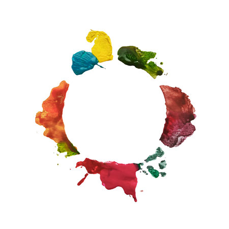 A colorful round frame of watercolor splashes on a white background. This vibrant, artistic design is perfect for creative projects, posters, templates, and modern compositions.の写真素材