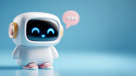 Cute 3D robot chatbot with a smiling digital face and chat bubble, symbolizing artificial intelligence, communication, customer support, and friendly technology on a blue background with copy spaceの素材