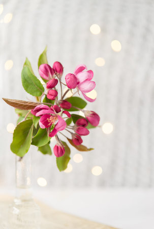 Glass vase with beautiful blooming rose branches, newspaper next to it. Light postcard background...