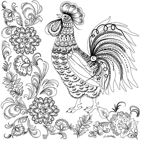 Cock and flowers vector illustrationのイラスト素材