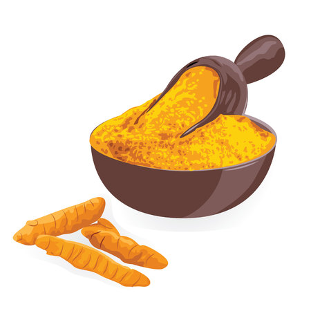 Turmeric roots and powderin in a bowl on a white background vector illustrationのイラスト素材