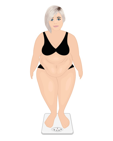 Fat girl on weighing scale illustration.のイラスト素材