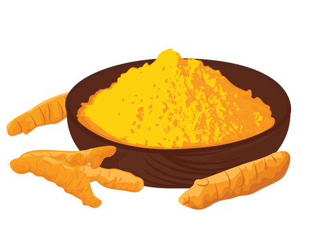 Turmeric roots and powder in a bowl on a white backgroundのイラスト素材