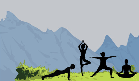Women silhouettes doing yoga excercises in a nature vector illustration. Activity  outdoors meditation and relaxation in the nature scenery. Active lifestileのイラスト素材